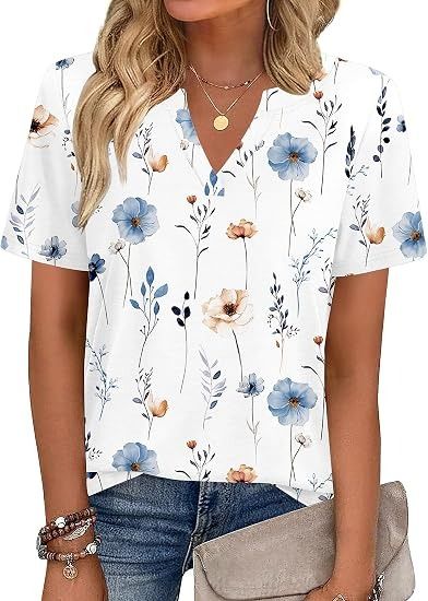 White Floral Short Sleeve V-Neck Blouse image 1